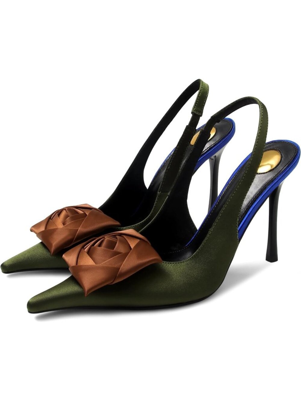 Women's Dark Green Closed Pointed Toe Slingback Stiletto Heel Pumps Ankle Strap